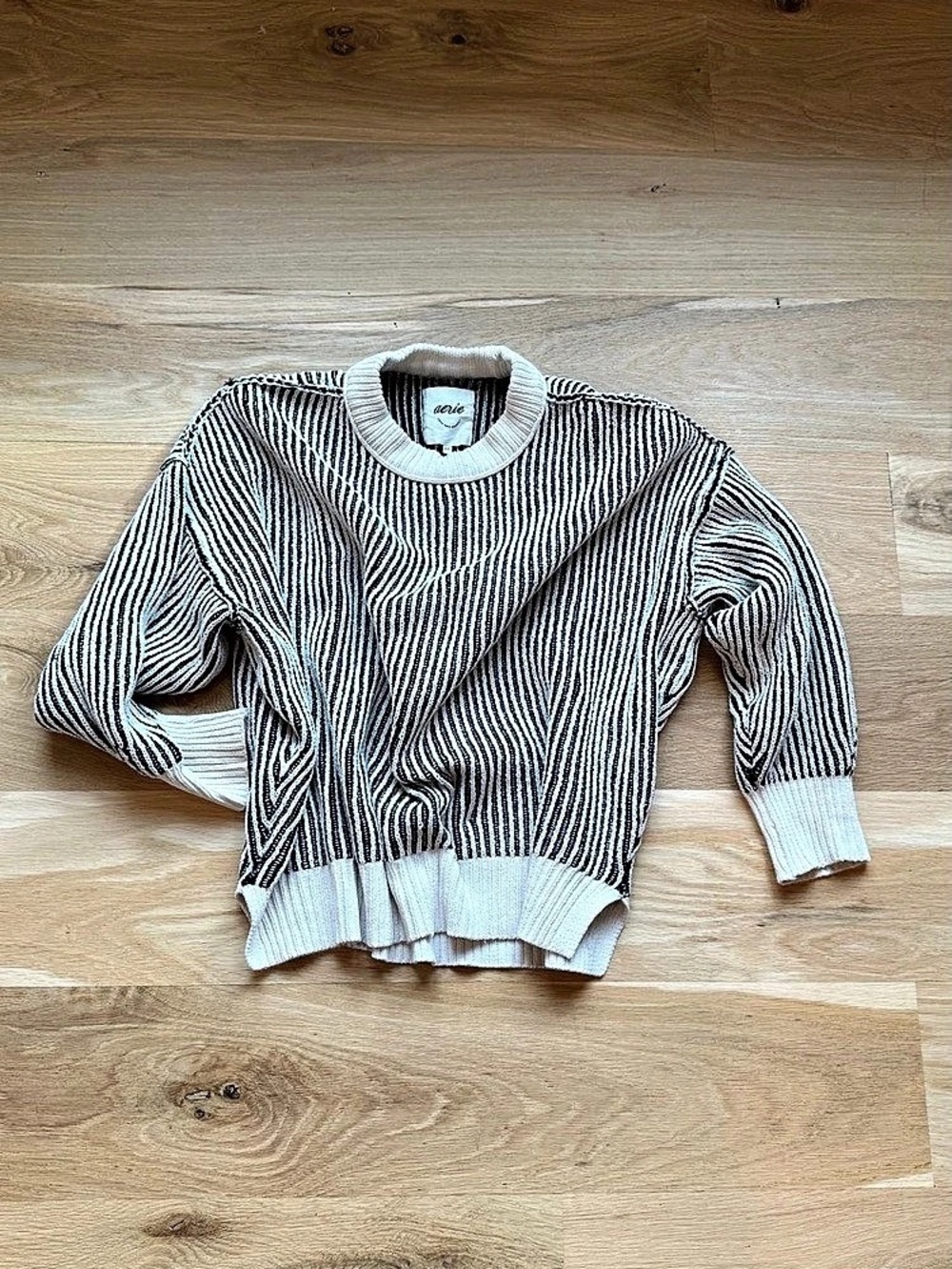 aerie Striped Textured Crewneck Sweater Black & White Small